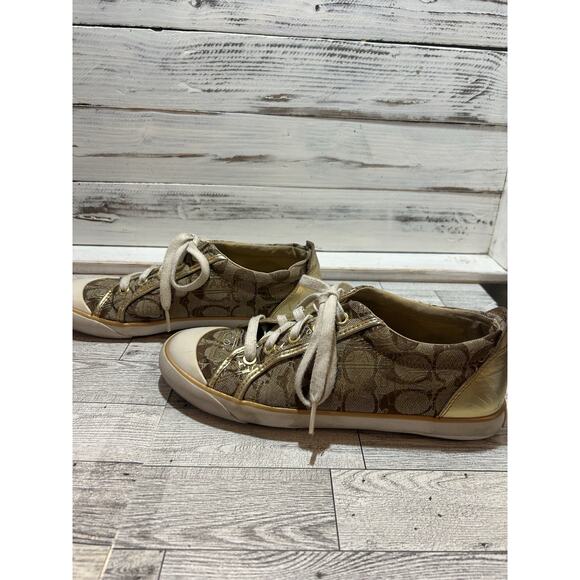 Coach Barrett Signature Canvas Logo Sneakers in Beige and Gold – Size 8B - Picture 2 of 7